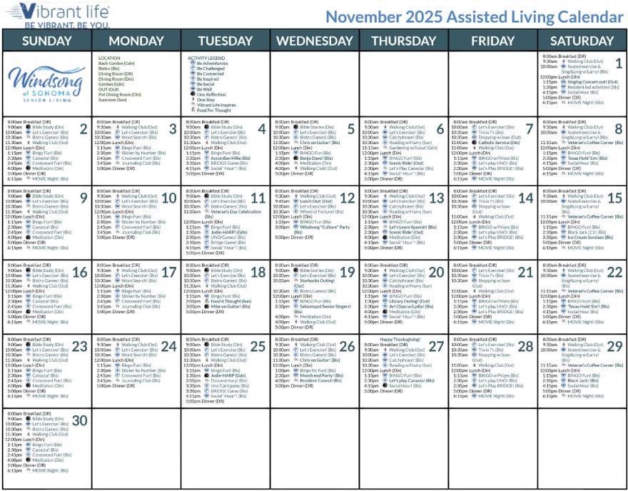 November Assisted Living Calendar